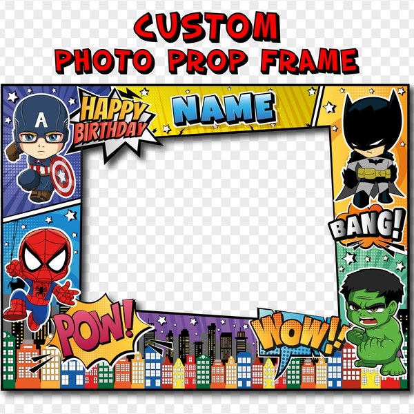 Superhero Themed Comic Photo Prop Frame, Birthday Photo Booth, Kids Photo Frame, Custom 300 DPI High Quality Printable Photo Frame,