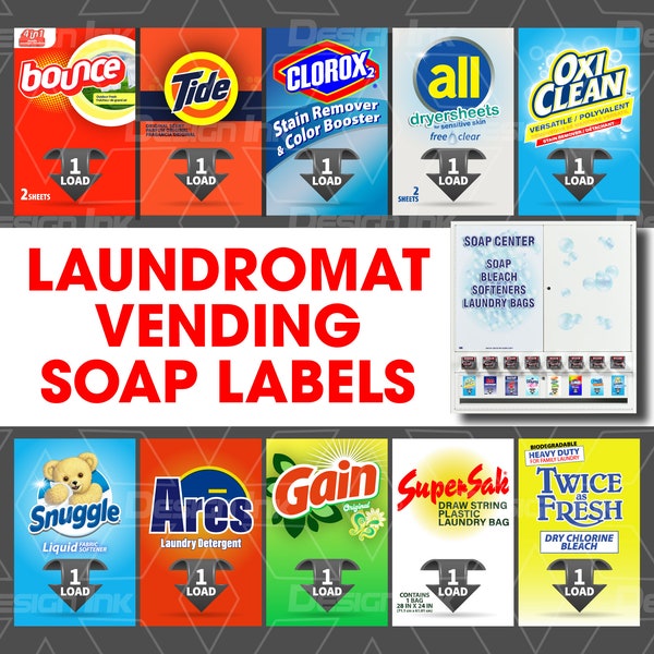 Laundromat Vending Machine Soap, Bleach, Softeners, Laundry Bags Label, High Quality Labels, Soap Boxes Labels, Laundry Soap Machine Labels.