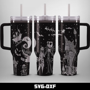 May include: Three black stainless steel tumblers with a white design featuring characters from the Nightmare Before Christmas. The tumblers have a clear lid and a straw.