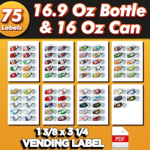May include: 75 printable 1 3/8 by 3 1/4 inch vending machine labels for 16.9 ounce bottles and 16 ounce cans. The labels feature a variety of colorful beverage designs.