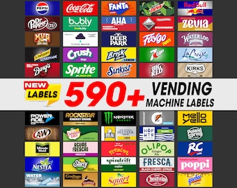 Verkaufsautomatenetikett, mehr als 590 hochwertige Etiketten mit 300 DPI Auflösung, Sprudelwasser- und Sodapop-Etiketten, Getränkeautomatenetiketten.