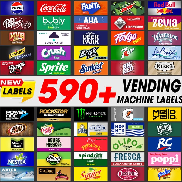 Vending Machine Label, more than 590 High Quality Labels with 300 DPI Resolution, Sparkling Water and Soda Pop Labels,Drinks Machine Labels.