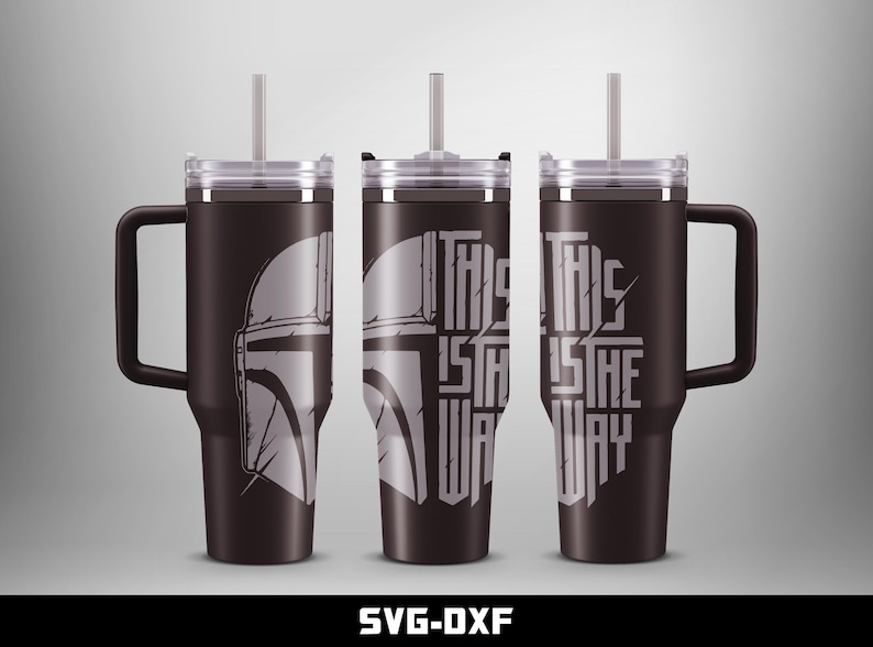 May include: A black stainless steel tumbler with a lid and a straw. The tumbler has a graphic of a Mandalorian helmet and the text "This is the way".