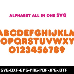 K&ouml;nnte beinhalten: Orangefarbene Buchstaben und Zahlen des Alphabets in einer abgerundeten Schriftart. Die Buchstaben und Zahlen sind wei&szlig; umrandet. Der Text "ALPHABET ALL IN ONE SVG" ist in Pink &uuml;ber den Buchstaben und Zahlen. Der Text "SVG-DXF-EPS-PNG-PDF-JPG-.OTF" ist in Schwarz unter den Buchstaben und Zahlen.