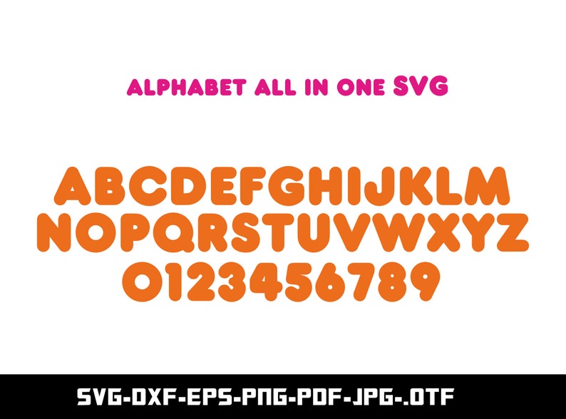 K&ouml;nnte beinhalten: Orangefarbene Buchstaben und Zahlen des Alphabets in einer abgerundeten Schriftart. Die Buchstaben und Zahlen sind wei&szlig; umrandet. Der Text "ALPHABET ALL IN ONE SVG" ist in Pink &uuml;ber den Buchstaben und Zahlen. Der Text "SVG-DXF-EPS-PNG-PDF-JPG-.OTF" ist in Schwarz unter den Buchstaben und Zahlen.