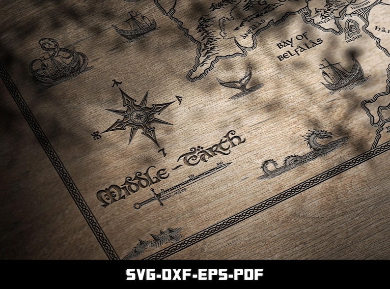 May include: Detailed map of Middle-earth with nautical illustrations, compass rose, and text. The map is etched on a wooden surface, featuring ships, a whale, and a dragon. The text "Middle-Earth" is prominently displayed, along with the text "SVG-DXF-EPS-PDF".