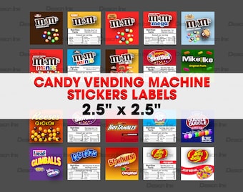 Süßigkeits-Automaten-Aufkleber-Etiketten, 2,5 ZOLL x 2,5 ZOLL, hochauflösende Süßigkeits-Maschinen-Etiketten, digitaler Download, sofortiger Download.