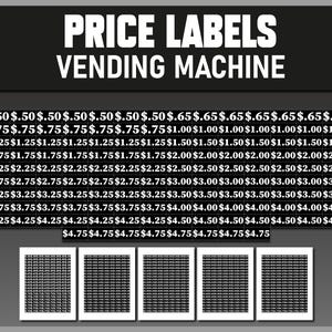Può includere: Un'immagine in bianco e nero che mostra un listino prezzi per una macchina distributrice automatica. I prezzi vanno da $ 0,50 a $ 4,75. L'immagine include anche due icone PDF.