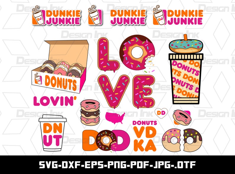 K&ouml;nnte beinhalten: Ein rosafarbenes und wei&szlig;es Donut-Design mit den Worten "Love Donuts" und "Lovin' Donuts" in rosa und wei&szlig;. Das Design enth&auml;lt auch eine Tasse Kaffee, einen Donut und ein herzf&ouml;rmiges Donut.