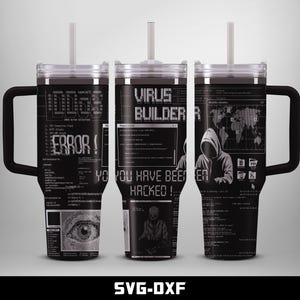 以下が含まれることがあります： ハンドル、ストロー、蓋付きの黒いタンブラー。タンブラーは、「ERROR！」や「YOU HAVE BEEN HACKED！」などのテキストと、コード、フード付きの人物、目のグラフィックを備えたハッカーをテーマにしています。