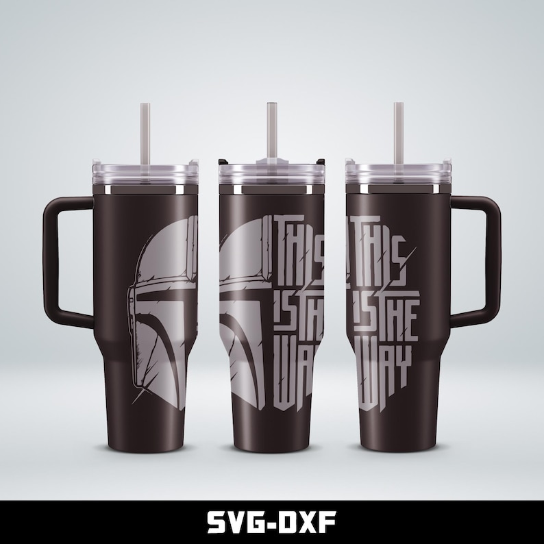 May include: Three stainless steel tumblers with lids and straws. The tumblers are black with a white graphic of a Mandalorian helmet and the text "This is the way".
