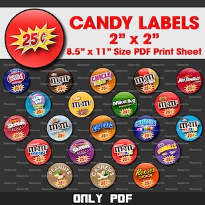 May include: A printable sheet of 2-inch by 2-inch candy labels featuring various popular candy brands. The labels are designed for use with a 8.5-inch by 11-inch sheet of paper. The labels feature a variety of candy brands, including Skittles, M&M's, and Gumballs.