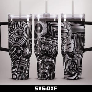 May include: Three stainless steel travel mugs with black handles and lids. Each mug features a detailed black and white illustration of various car parts, including pistons, gears, and wheels. The mugs have a straw and the text "SVG-DXF" at the bottom.