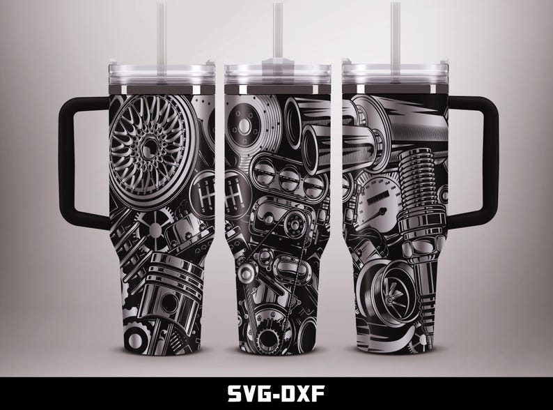 May include: Three stainless steel travel mugs with black handles and lids. Each mug features a detailed black and white illustration of various car parts, including pistons, gears, and wheels. The mugs have a straw and the text "SVG-DXF" at the bottom.
