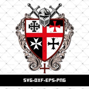 Op de afbeelding: Een heraldisch schildontwerp met een rood-zwart kruispatroon, een ridderhelm en gekruiste zwaarden. Het schild is omlijst door sierlijke krullen en bevat de tekst "SVG-DXF-EPS-PNG".