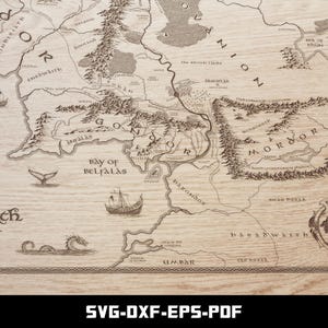 May include: Detailed map of Middle-earth, featuring intricate illustrations of landscapes, seas, and ships. The map is rendered in a sepia tone, with text labels and a compass rose. The bottom of the image displays "SVG-DXF-EPS-PDF".