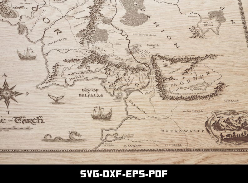 May include: Detailed map of Middle-earth, featuring intricate illustrations of landscapes, seas, and ships. The map is rendered in a sepia tone, with text labels and a compass rose. The bottom of the image displays "SVG-DXF-EPS-PDF".