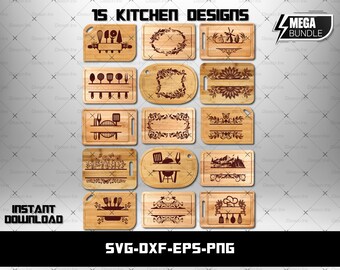 Mega Kitchen SVG Bundle, 15 Laser Cut Engraving Designs, Cutting Board SVG Pack