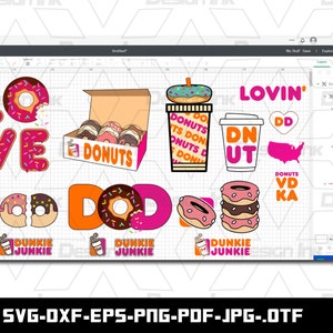 K&ouml;nnte beinhalten: Ein digitales Design mit den Worten "Love Donuts" in Rosa und Wei&szlig; mit Streuseln, einer Schachtel Donuts, einem Dunkin' Donuts-Becher und den Worten "Lovin' Donuts Vodka" in Rosa und Wei&szlig;.