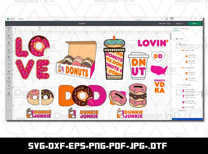 K&ouml;nnte beinhalten: Ein digitales Design mit den Worten "Love Donuts" in Rosa und Wei&szlig; mit Streuseln, einer Schachtel Donuts, einem Dunkin' Donuts-Becher und den Worten "Lovin' Donuts Vodka" in Rosa und Wei&szlig;.