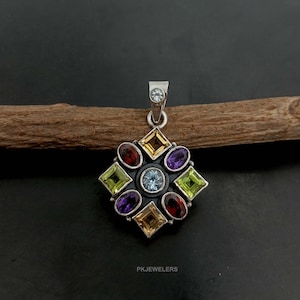 Sterling Silver 925 Natural Multi Gemstone Checker Style Pendant. Multi Colored Stone Sterling 925 Pendant Jewellery For Woman
