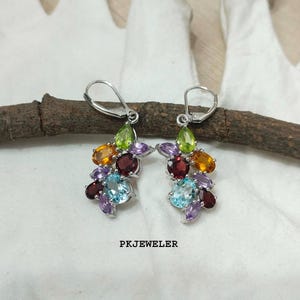 Natural Multi Stones Earrings, Genuine Multi Stones Dangle Silver Earrings for Women, Natural Multi Stones Earrings, Bridesmaid Gift for Her