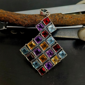 Natural Multi Gemstone Pendant Handcrafted Pendant in 925 Sterling Silver Jewelry, Big Gemstone Jewelry, Beautiful Gifts For Anniversary
