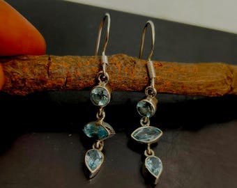 Natural Multi Blue Topaz Earrings 925 Sterling Silver Drop Dangle Jewelry