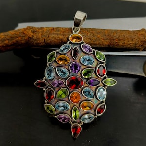 Natural Multi Gemstone Pendant, Big Gemstone Pendant, 925 Sterling Silver Handmade Pendant necklace, Handmade Silver Anniversary Pendant