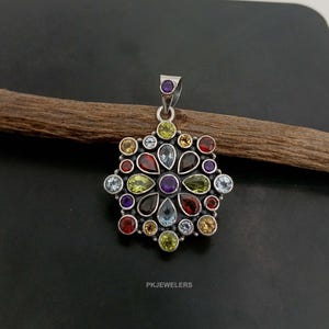 Women&#39;s Vintage 925 Sterling Silver Multi-Gemmed Pendant Necklace, Fine Multi Gemstone 925 Silver Pendant, Handmade Silver Wedding Jewelry