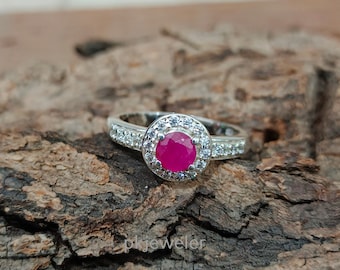 Bague rubis naturel avec zircone cubique, Bague en argent sterling 925, Bague avec pierres précieuses, Bague faite main, Bague en argent, Bague ronde, Bague livraison gratuite