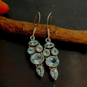 Natural Multi Blue Topaz Earrings, Handmade Earrings, 925 Solid Sterling Silver Earrings, Blue Topaz Woman Earrings, Gift for Her Jewellery