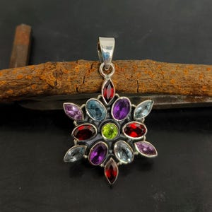 Natural Multi Gemstone Pendant Handcrafted Pendant in 925 Sterling Silver Jewelry, Beautiful Gifts For Wedding & Anniversary Woman Pendant