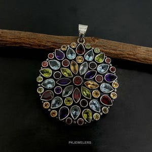 Natural Multi Gemstone Pendant, 925 Sterling Silver Necklace, Gift For Wife Antique Silver Pendant, Cut Gemstone, Big Pendant Gift For Her