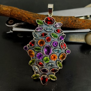 Solid 925 Sterling Silver Chakra Pendant Natural Multi Gemstone Big Size Necklace Jewellery Gift Jewelry Gif For Her Woman Jewellery