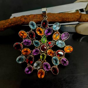 Natural Multi Gemstones Pendant, 925 Sterling Solid Silver Pendant, Gemstone Pendant, Anniversary Gift Jewellery, Big Gemstone Pendant