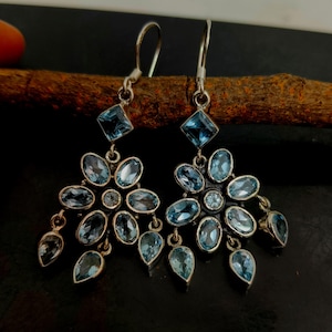 Natural Multi Blue Topaz Earrings, Handmade Earrings, 925 Solid Sterling Silver Earrings, Blue Topaz Long Earrings, Gift for Her Jewellery