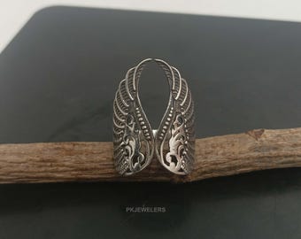 Sterling Silver Angel Wing Ring, Adjustable Feather Band