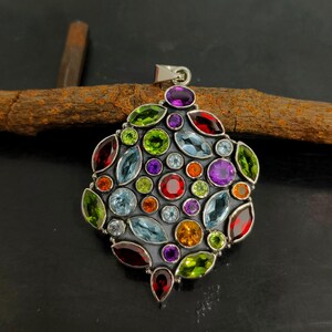 Big Multi Gemstone Pendant, 925 Sterling Silver Pendant Jewelry, Handmade Pendant, Anniversary Gift Jewelry, Pendant For Women, Woman Gift