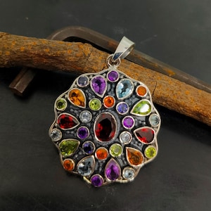 Natural Multi Gemstone Silver Pendant 925 Sterling Silver Statement Pendant Necklace Big Oval Pendant Anniversary Gift For Woman Jewellery