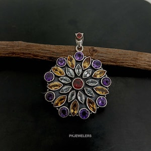 Beautiful Multi Gemstone 925 Silver Multi Stone Pendant, Natural Amethyst Blue Topaz Garnet Peridot Citrine Sterling Silver Big Pendant