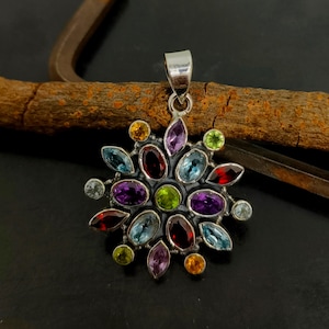 Natural Multi Gemstone Pendant Necklace, 925 Silver Pendant Jewelry, Multi Gemstone Pendant Jewelry, Handmade Pendant Necklace Gift For Her