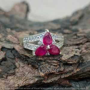 Red Ruby, CZ Eterntiy Engagement Band Pear Cut Ruby Wedding Ring Women Full Eternity Band Unique Red Gemstone Ring Anniversary Promise Ring