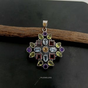 Sterling Silver 925 Natural Multi Gemstone Checker Style Pendant. Multi Colored Stone Sterling 925 Pendant Jewellery For Woman Gift