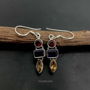Natuurlijke multi stenen oorbel, granaat oorbellen, amethist en citrien oorbellen, zilveren oorbellen, multi stenen edelsteen vrouw oorbel sieraden