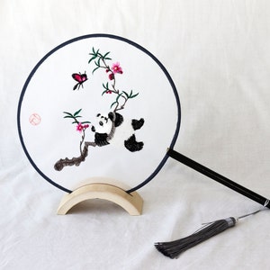 Old Panda Embroidery Fan Handcrafted Round Fan in Translucent Silk with Wooden Handle Chinese Style Hand Fan