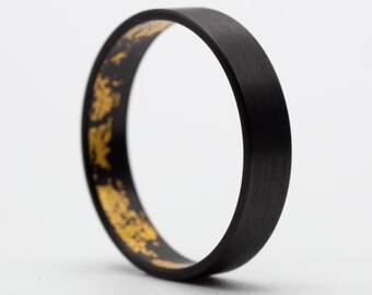 Medium Carbon & Gold ring – Black Mystery – 4mm Minimalist Unisex Band