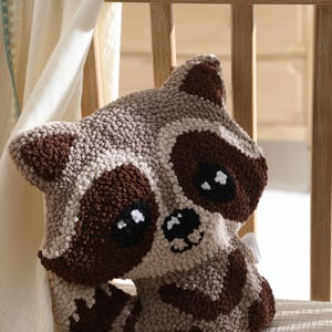 Handmade Punch-Needle Raccoon Pillow – Woodland Nursery Decor – Soft Animal Cushion – Neutral Baby Gift – NALLE Raccoon