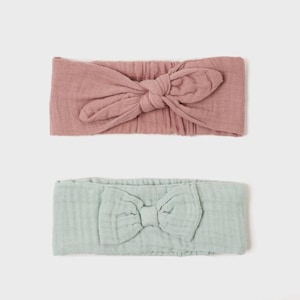 Organic Cotton Baby Headbands – 2-Piece Set with Bows – Soft Muslin Hairbands for Newborn & Infant – Baby Shower Gift – Neutral Colors