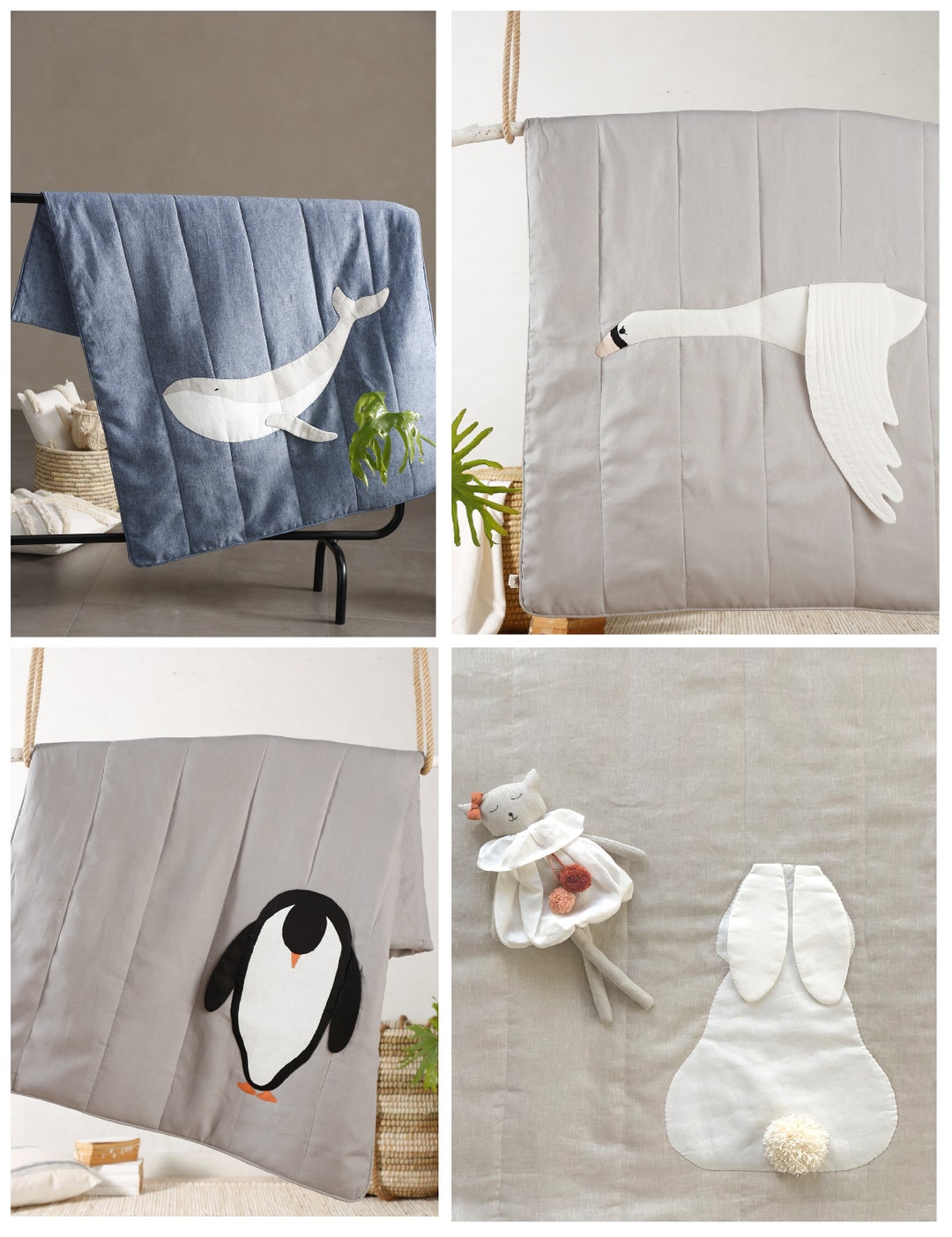 Whale Swan Penguin and Rabbit Hand EMBROIDERED Kids Room - Etsy